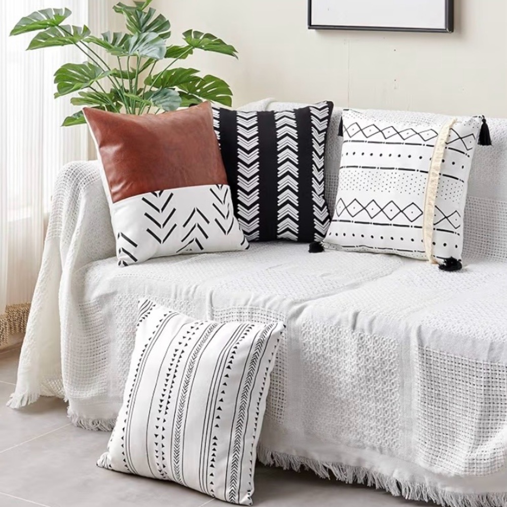 CDWERD Boho 18x18” Pillow Covers Set of 4 Faux Leather, linen, Fringe Tassels - Picture 11 of 16